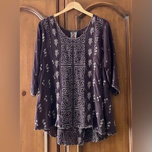 Johnny Was Top Small Eggplant Embroidered Tunic Blouse Top Boho Cupro Rayon
